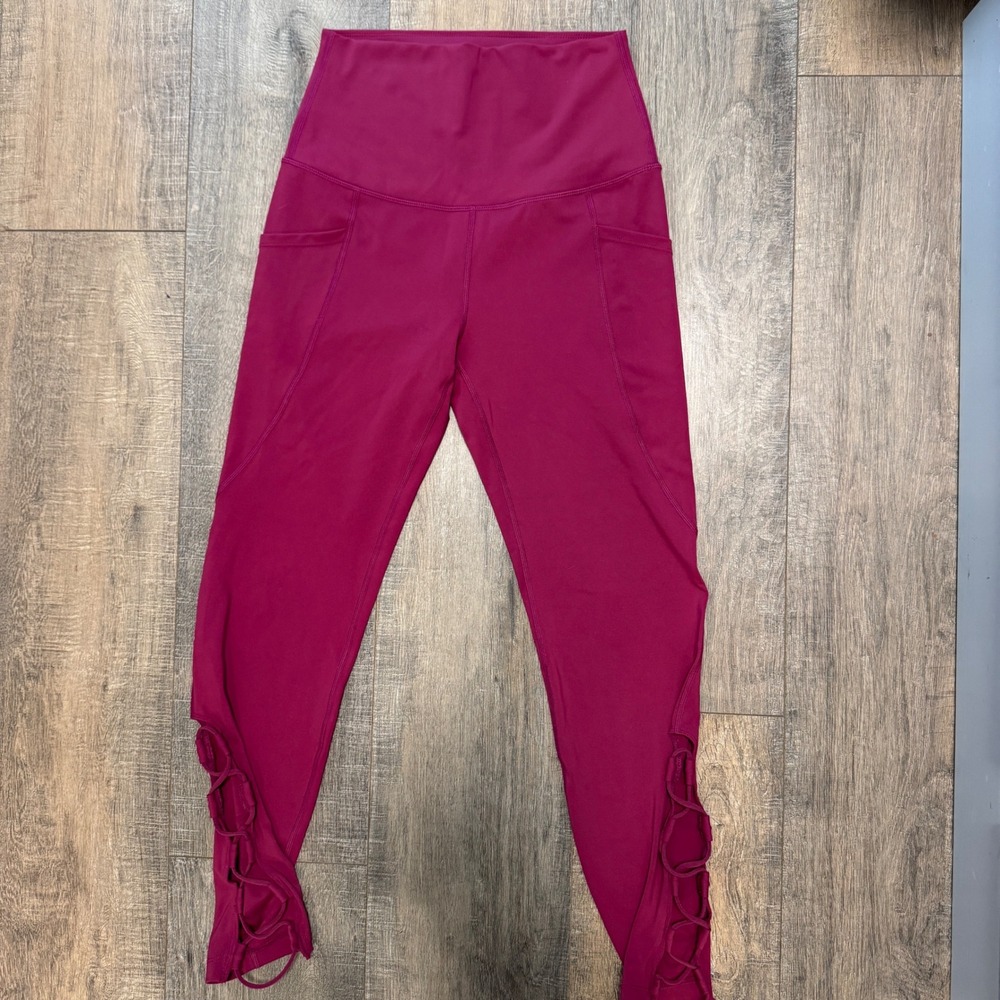 Lole Womens‎ Small High Waist Leggings Dark Pink Side Pockets Lace Up Athletic